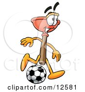 Clipart Picture Of A Sink Plunger Mascot Cartoon Character Kicking A Soccer Ball by Toons4Biz
