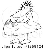 Clipart Of A Black And White Pregnant Cavewoman Holding Her Belly Royalty Free Vector Illustration