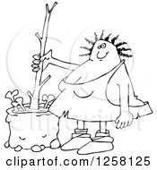 Clipart Of A Black And White Chubby Cavewoman Stirring Bone Soup With A Stick Royalty Free Vector Illustration