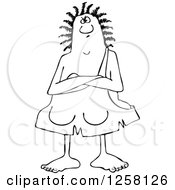 Clipart Of A Black And White Stubborn Chubby Cavewoman With Folded Arms Royalty Free Vector Illustration