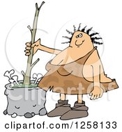 Clipart Of A Chubby Cavewoman Stirring Bone Soup With A Stick Royalty Free Vector Illustration