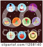 Round Christmas Item Icons Over Dark Brown And Snow