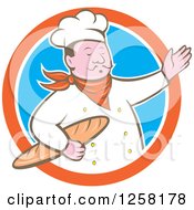 Poster, Art Print Of Retro Male Chef Holding Bread And Presenting In An Orange White And Blue Circle