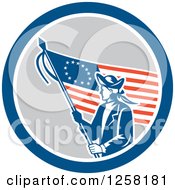 Clipart Of A Retro Revolutionary Soldier With An American Betsy Ross Flag In A Blue White And Gray Circle Royalty Free Vector Illustration by patrimonio
