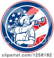Retro Cavalry Soldier Blowing A Bugle In An American Flag Circle