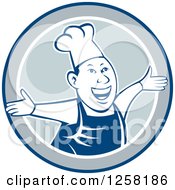 Clipart Of A Happy Male Chef Holding His Arms Out From A Blue White And Gray Circle Royalty Free Vector Illustration