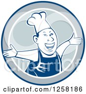 Poster, Art Print Of Happy Male Chef Holding His Arms Out From A Blue White And Gray Circle