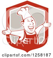 Clipart Of A Happy Male Chef Holding His Arms Out From A Red White And Beige Shield Royalty Free Vector Illustration