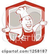 Poster, Art Print Of Happy Male Chef Holding His Arms Out From A Red White And Beige Shield