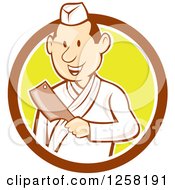 Retro Cartoon Styled Japanese Butcher Man Holding A Cleaver Knife In A Brown White And Yellow Circle