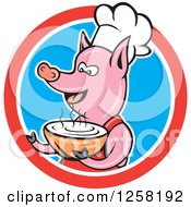 Clipart Of A Cartoon Pig Chef Holding A Bowl Of Soup In A Red White And Blue Circle Royalty Free Vector Illustration by patrimonio
