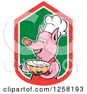 Poster, Art Print Of Cartoon Pig Chef Holding A Bowl Of Soup In A Red White And Green Shield
