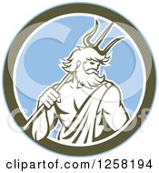 Poster, Art Print Of Roman Sea God Neptune Or Poseidon With A Trident In A Blue And Olive Green Circle