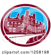 Poster, Art Print Of The St Johns College Building Of The University Of Cambridge In A Maroon White And Blue Oval