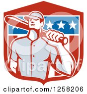 Clipart Of A Retro Male Baseball Player With A Bat Over An American Flag Shield Royalty Free Vector Illustration