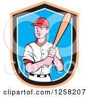 Poster, Art Print Of Happy White Cartoon Baseball Player Batting Over An Orange Black White And Blue Shield