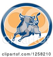Clipart Of A Raging Bull Charging In A Gray Blue White And Orange Circle Royalty Free Vector Illustration