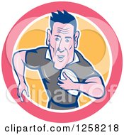 Poster, Art Print Of Cartoon Male Rugby Player In A Pink White And Orange Circle