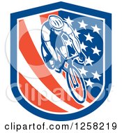 Clipart Of A Retro Male Cyclist In An American Flag Shield Royalty Free Vector Illustration
