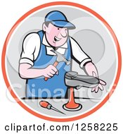 Poster, Art Print Of Cartoon White Male Cobbler Working On A Shoe In An Orange White And Gray Circle