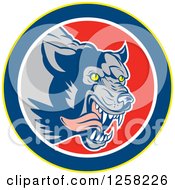 Clipart Of A Retro Wolf Attacking And Running In A Yellow Blue White And Red Circle Royalty Free Vector Illustration