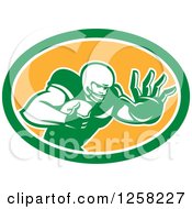 Retro American Football Player Fending Off In A Green White And Orange Oval