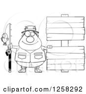 Poster, Art Print Of Black And White Happy Chubby Fisherman With Wooden Signs