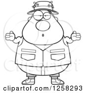 Clipart Of A Black And White Careless Shrugging Chubby Fisherman Royalty Free Vector Illustration