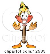 Clipart Picture Of A Sink Plunger Mascot Cartoon Character Wearing A Birthday Party Hat by Toons4Biz