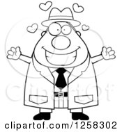 Poster, Art Print Of Black And White Happy Chubby Male Detective With Open Arms And Hearts
