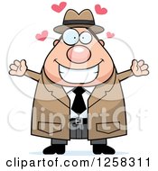 Poster, Art Print Of White Happy Chubby Male Detective With Open Arms And Hearts