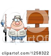 Caucasian Happy Chubby Fisherman With Wooden Signs