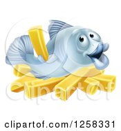 Happy Blue Cod Fish Holding Up A French Fry Over Chips