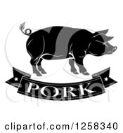 Clipart Of A Black And White Pork Banner And Pig Royalty Free Vector Illustration