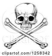 Clipart Of A Black And White Engraved Jolly Roger Skull And Crossbones Royalty Free Vector Illustration by AtStockIllustration