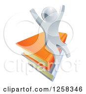 Poster, Art Print Of 3d Happy Cheering Silver Man Sitting On Books