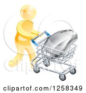 Poster, Art Print Of 3d Gold Man Pushing A Giant Computer Mouse In A Shopping Cart