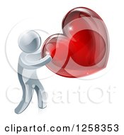 Clipart Of A 3d Silver Man Holding A Glass Red Heart Royalty Free Vector Illustration