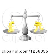 Clipart Of A 3d Silver Scale With Balanced Gold Pound And Yuan Currency Symbols Royalty Free Vector Illustration