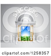 Clipart Of A 3d SUCCESS Over Open Doors With Light And A Field Royalty Free Vector Illustration