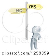 Clipart Of A 3d Silver Man Looking Up At Yes And No Crossroads Signs Royalty Free Vector Illustration