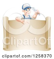 Poster, Art Print Of Happy White Brunette Mechanic Man Holding A Wrench Over A Scroll Sign