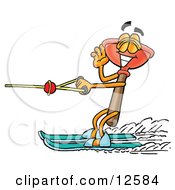 Sink Plunger Mascot Cartoon Character Waving While Water Skiing