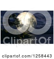 Poster, Art Print Of 3d Giant Moon And Tree Over An Ocean At Night
