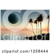 Clipart Of A Silhouetted Tropical Island And Moon At Sunset Royalty Free Illustration