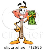 Sink Plunger Mascot Cartoon Character Holding A Dollar Bill