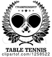 Black And White Ping Pong Ball And Crossed Table Tennis Paddles With Stars And Text In A Wreath