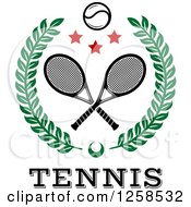 Poster, Art Print Of Leafy Wreath With Crossed Tennis Rackets A Ball And Stars Over Text