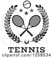 Poster, Art Print Of Black And White Leafy Wreath With Crossed Tennis Rackets A Ball And Stars Over Text