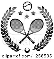 Poster, Art Print Of Black And White Leafy Wreath With Crossed Tennis Rackets A Ball And Stars